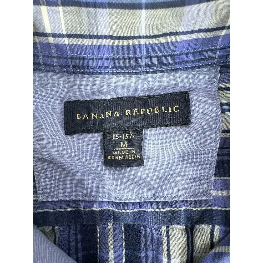 Banana Republic Mens Button Up‎ Shirt Size Medium 15-15.5 Blue Plaid 100% Cotton